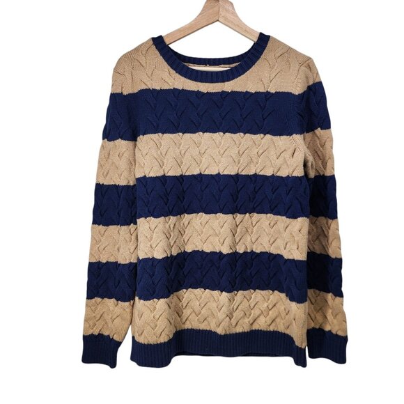 Lands End Drifter Sweater L‎ 14-16 Blue & Beige Cotton Cable Knit - Picture 6 of 6